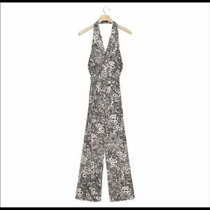 NEW Anthropologie Giovanna Black Cream Floral Halter Jumpsuit M